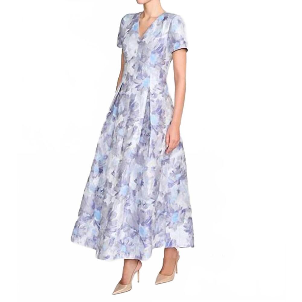 NEW BIGIO COLLECTION floral jacquard v neck gown in blue/silver